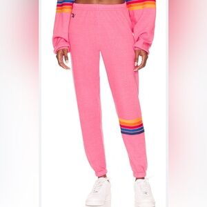 Aviator Nation Women's 5 Stripe Rainbow Stitch Sweatpants in Pink Size S